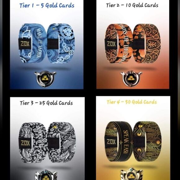 ZOX GOLD CARD REDEMPTION WRISTBAND & PIN RARE BUNDLE OF 3 NEW MEDIUMS - Picture 2 of 7